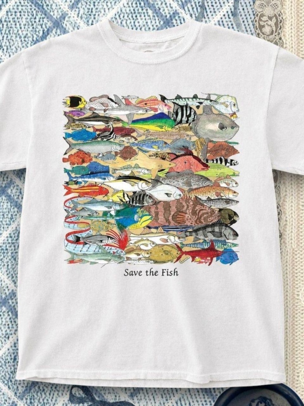 Gildan White 'Save the Fish' Multicolor Fish Graphic Tee